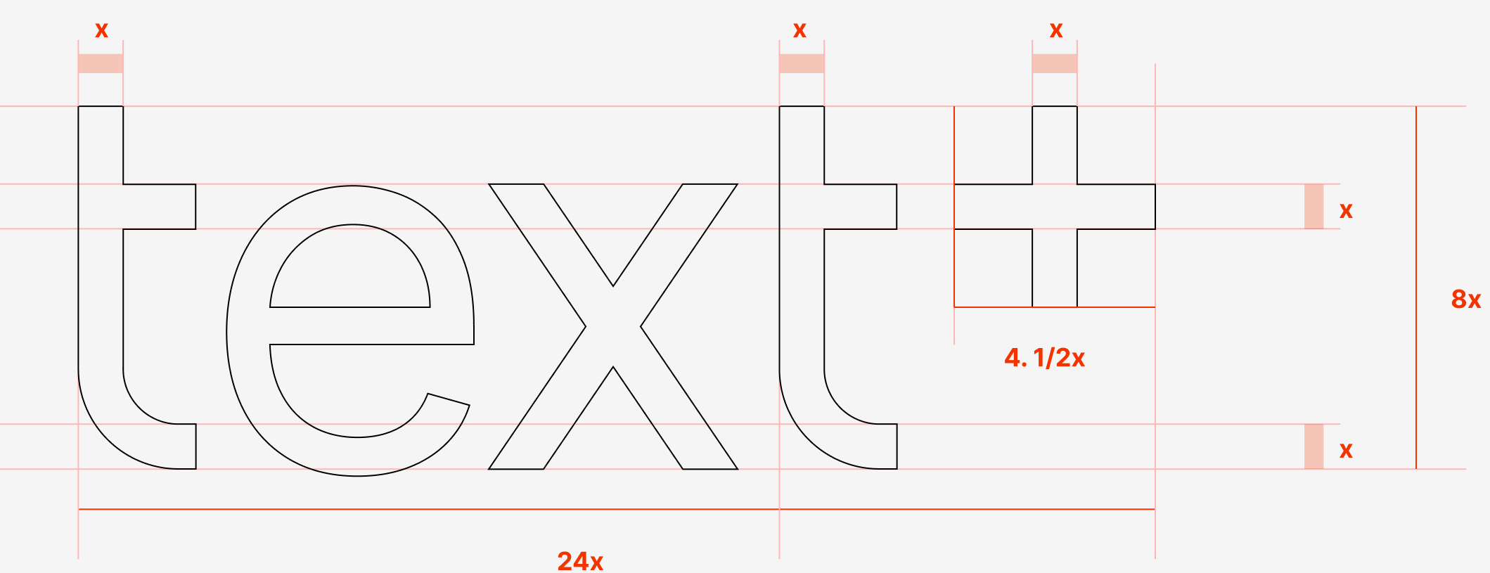 text+ logo construction grid: 24x wide, 8x tall, the + a 4.5x square