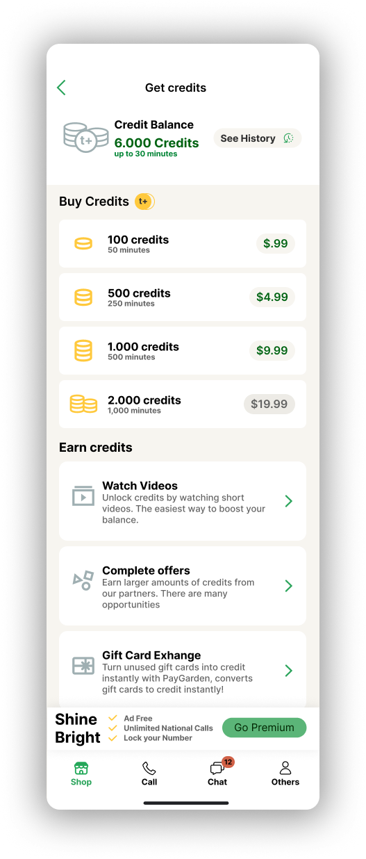The Get Credits screen: app bar, balance panel, credit packs, earn-credits cards and a sticky promo above the nav.