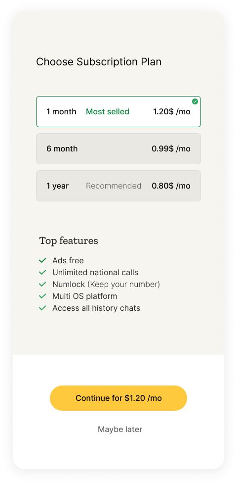 The subscription plan screen: three selectable plans, a feature list on the ground, and an action zone with the yellow CTA and an escape link.
