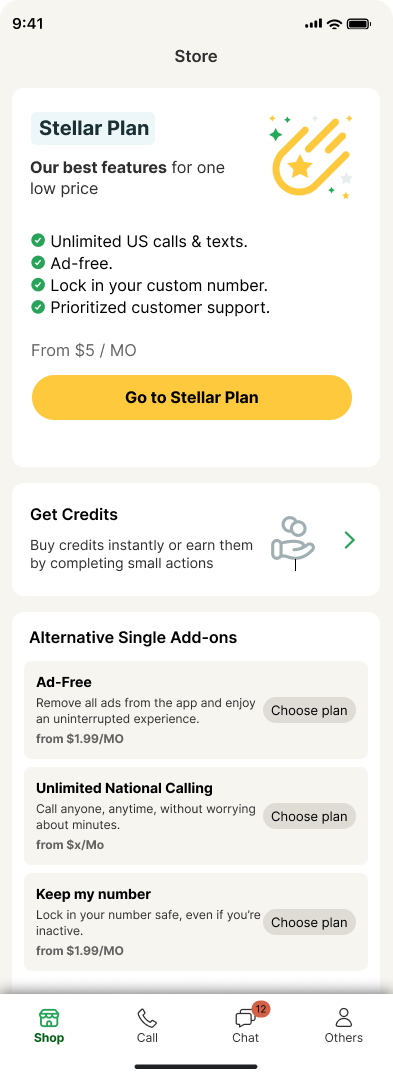 The Store screen: a hero card, an action card, a section of add-on rows, and the bottom navigation.